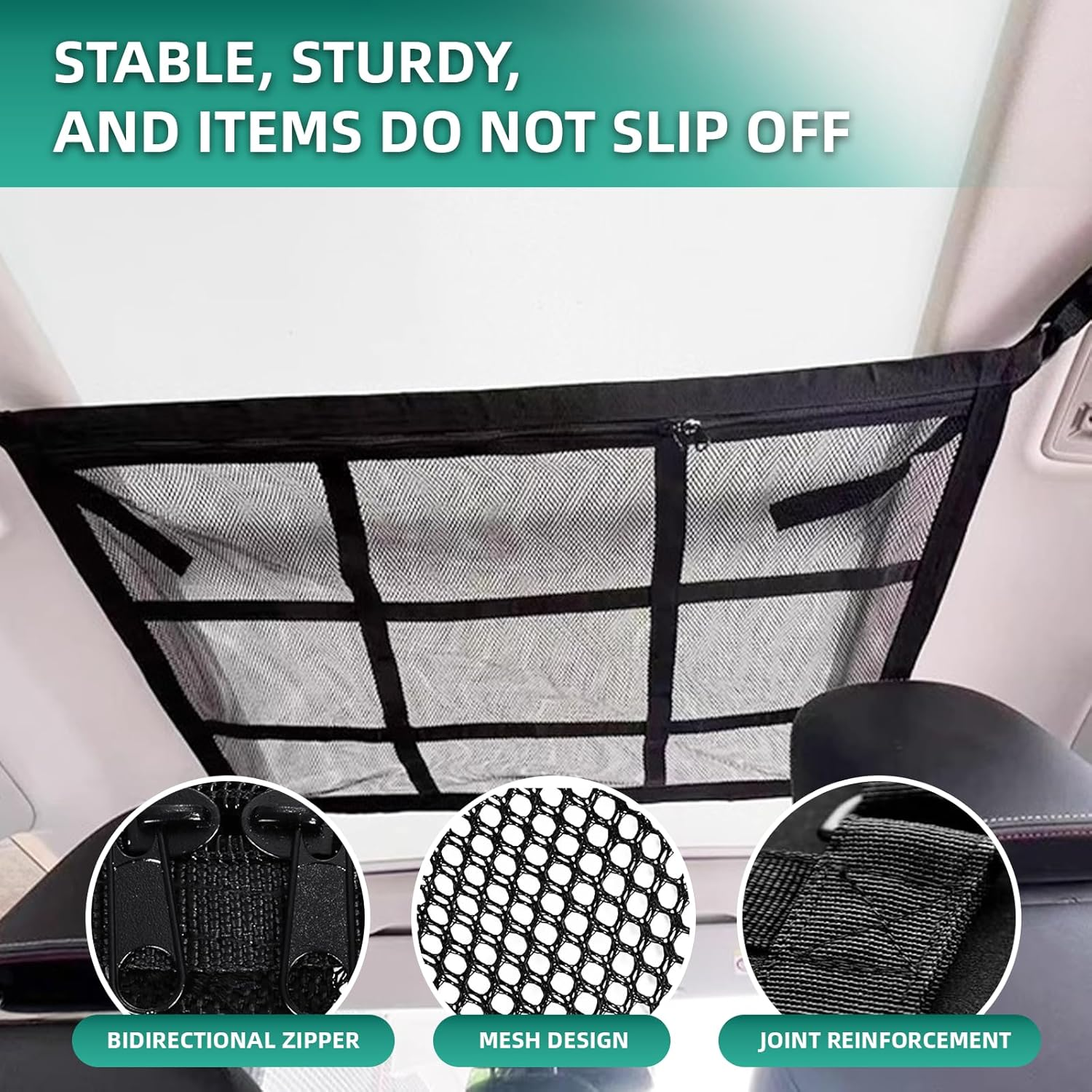 Car Roof Cargo Net Storage Organizer Black 78X53Cm SUV Ceiling Cargo Net Pocket with Adjustable Dual Pockets Fast-Release Buckles Double Zippers for Camping Family Trips image number 1