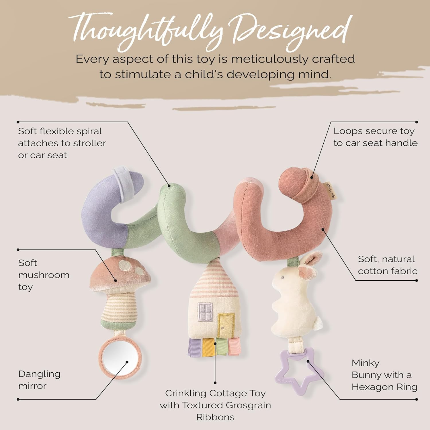 Itzy Ritzy Spiral Car Seat & Stroller Activity Toy - Stroller & Car Seat Toys for Ages 0 Months and up - Hanging Toys Include Dangling Ring, Mirror and Textured Ribbons (Pastel Rainbow)