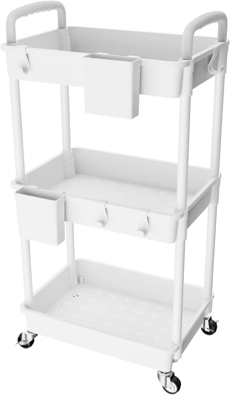 5 Tier Rolling Utility Cart with Drawer,Rebecat Utility Cart Made of Multifunctional Storage Organizer Tool for Kitchen,Bathroom,Living Room,Office(White) image number 6