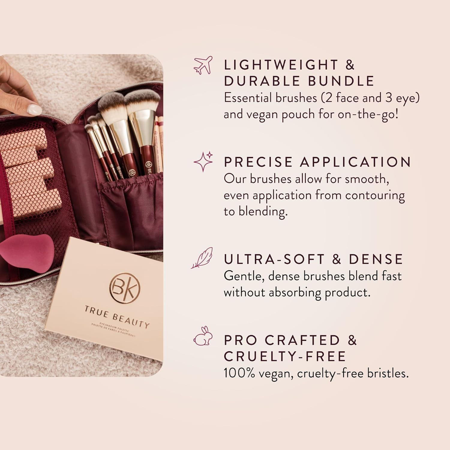 BK BEAUTY Travel Brush Set with Pouch 5-Piece Vegan, Cruelty-Free Brushes for Face & Eyes | Lightweight, Durable Makeup Brushes in Vegan Leather Pouch Perfect Travel-Size Makeup Brush Set image number 1