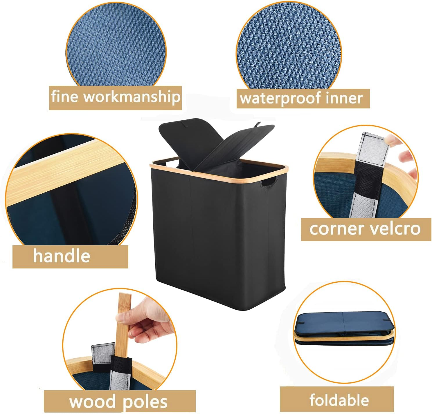 ALINK Divided Folding Bamboo & Canvas Laundry Hamper- Double Large Laundry Basket with Lid - Modern Collapsible Hamper with Handles, Waterproof Liner, Great for Adults, Bathroom, Living Room-Black image number 2