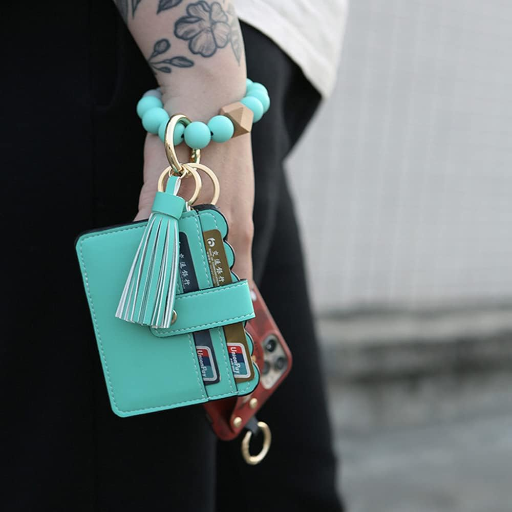 Silicone Beaded Bracelet Leather Keychain Wallet ID Card Holder Keyring Wristlet Bracelet Key Ring Chain Tassel Purse Women Girls Green image number 1