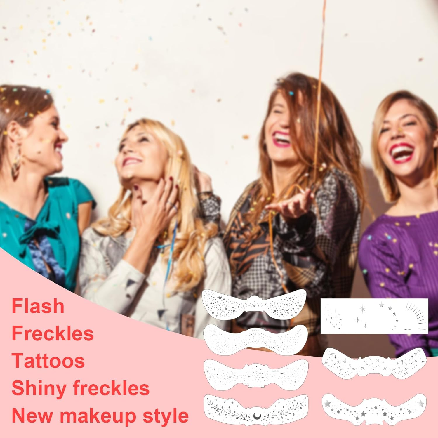 Lasuroa 16Pcs Temporary Glitter Face Tattoos Freckles, Waterproof Face Glitter Speckles Glow up Sparkle Makeup Patches for Festival Carnival Party (Silver) image number 4
