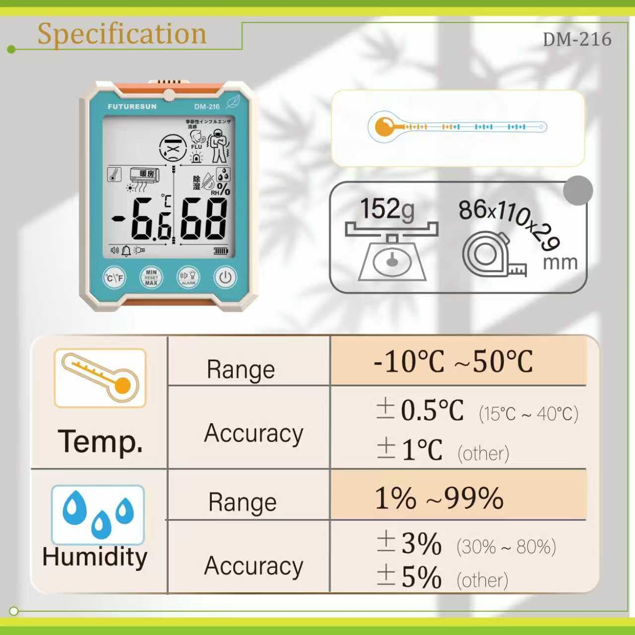 FUTURESUN Digital Thermo-Hygrometer | Indoor Temperature & Humidity Monitor with Heatstroke/Coldness Index, Large 3.5&rdquo; LCD, High-Accuracy Semiconductor Sensor, IPX6 Circuit Protection image number 5