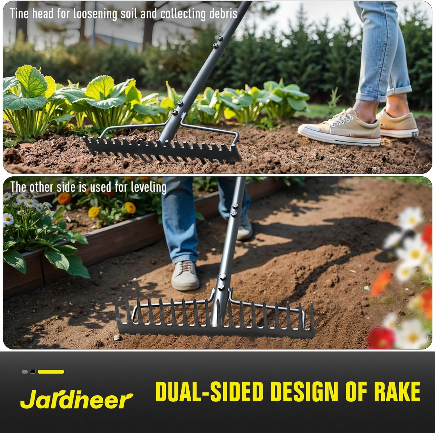 Jardineer Bow Rake Heavy Duty, Long Handle Metal Rakes for Gravel, Rocks, Lawns Leaves, Soil Leveling, Landscaping, Garden Rake with 18 Steel Tines (59 Inches) image number 3