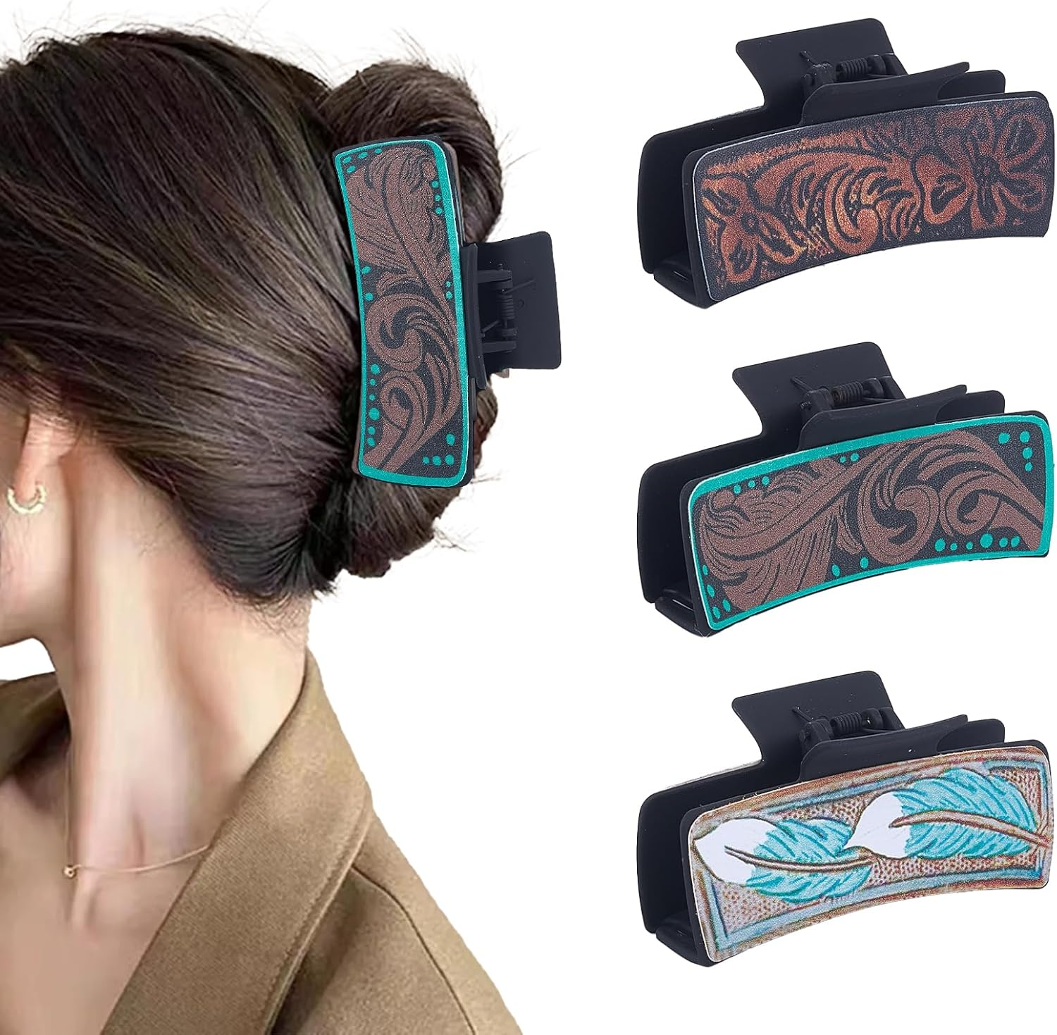 NICENEEDED 3 Pcs Western Hair Clips for Women, Large Cowhide Pattern Resin Claw Clips Cowgirl Aesthetic Hair Claw Clips, Hair Accessories Vintage Hairpin for Thick Thin Hair image number 1