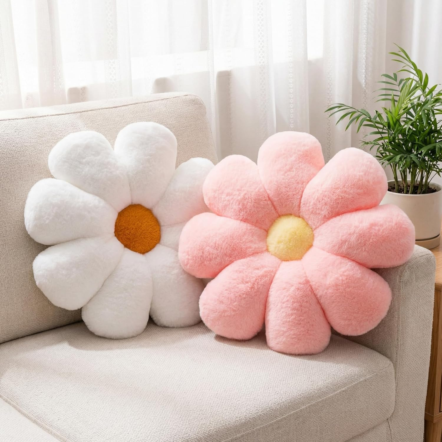 2 Pcs Flower Pillow Floor Cushion Decorative Throw Pillows Cute Aesthetic Pillows Cushions for Bedroom Preppy Room Bed Sofa Chair Decor (Yellow & White)