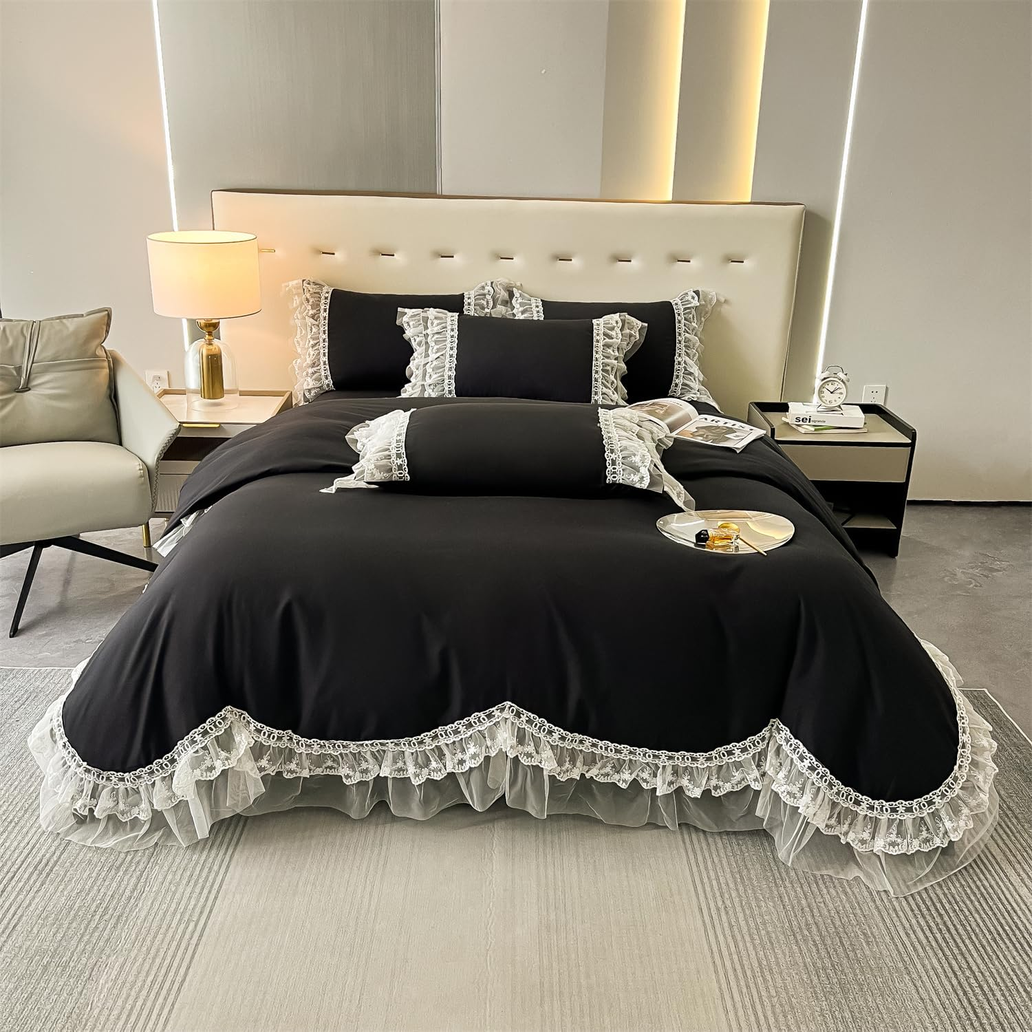 MOOWOO Chic Ruffle Lace Polyester Duvet Cover Set -Girl Black Bedding-3 Piece Queen Duvet Cover with Zipper Closure -Ultra Soft and Light Weight (Black,Full) image number 6