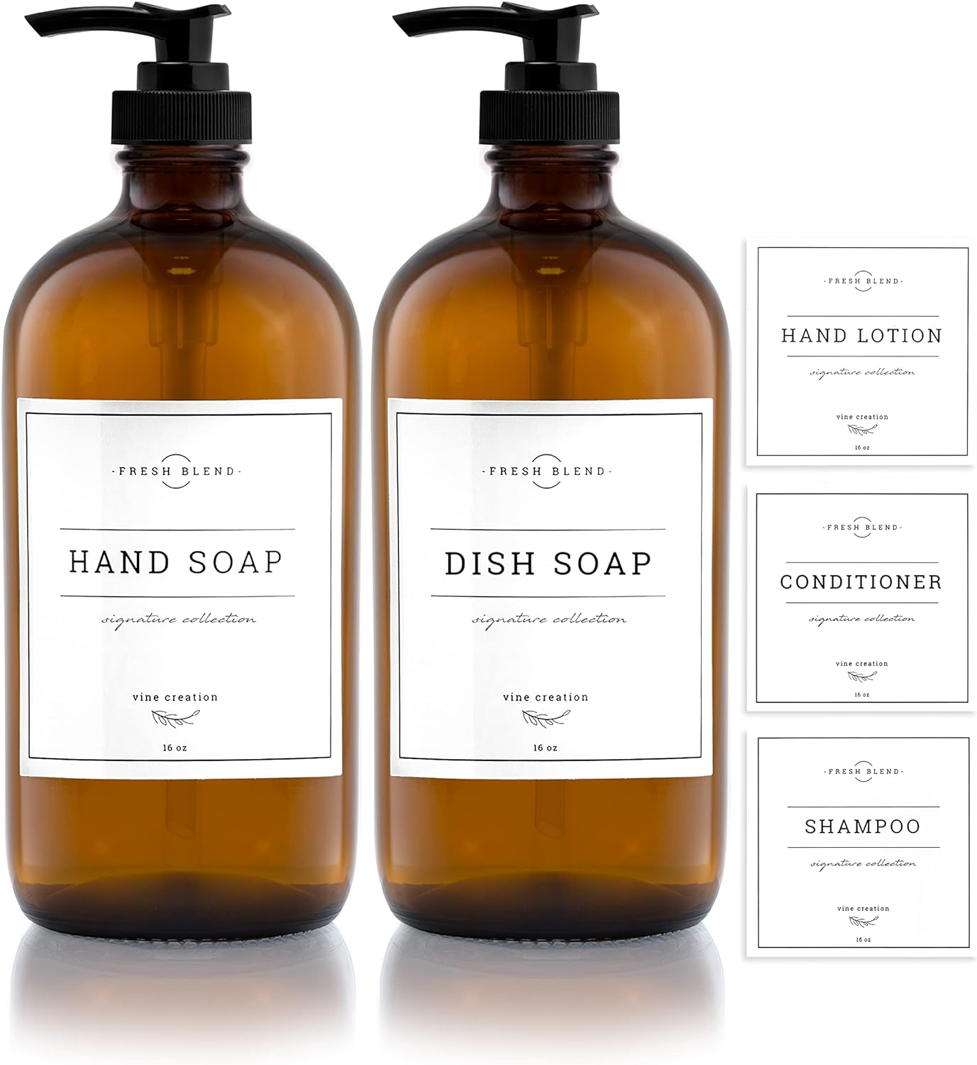 Vine Creations Amber Glass Soap Dispenser 2 Pack, Thick 16Oz Glass Bottles with Black Plastic Pump, Modern Kitchen Bathroom Decor, Hand Soap and Dish Soap Dispenser Jar, with Waterproof Labels (Amber)