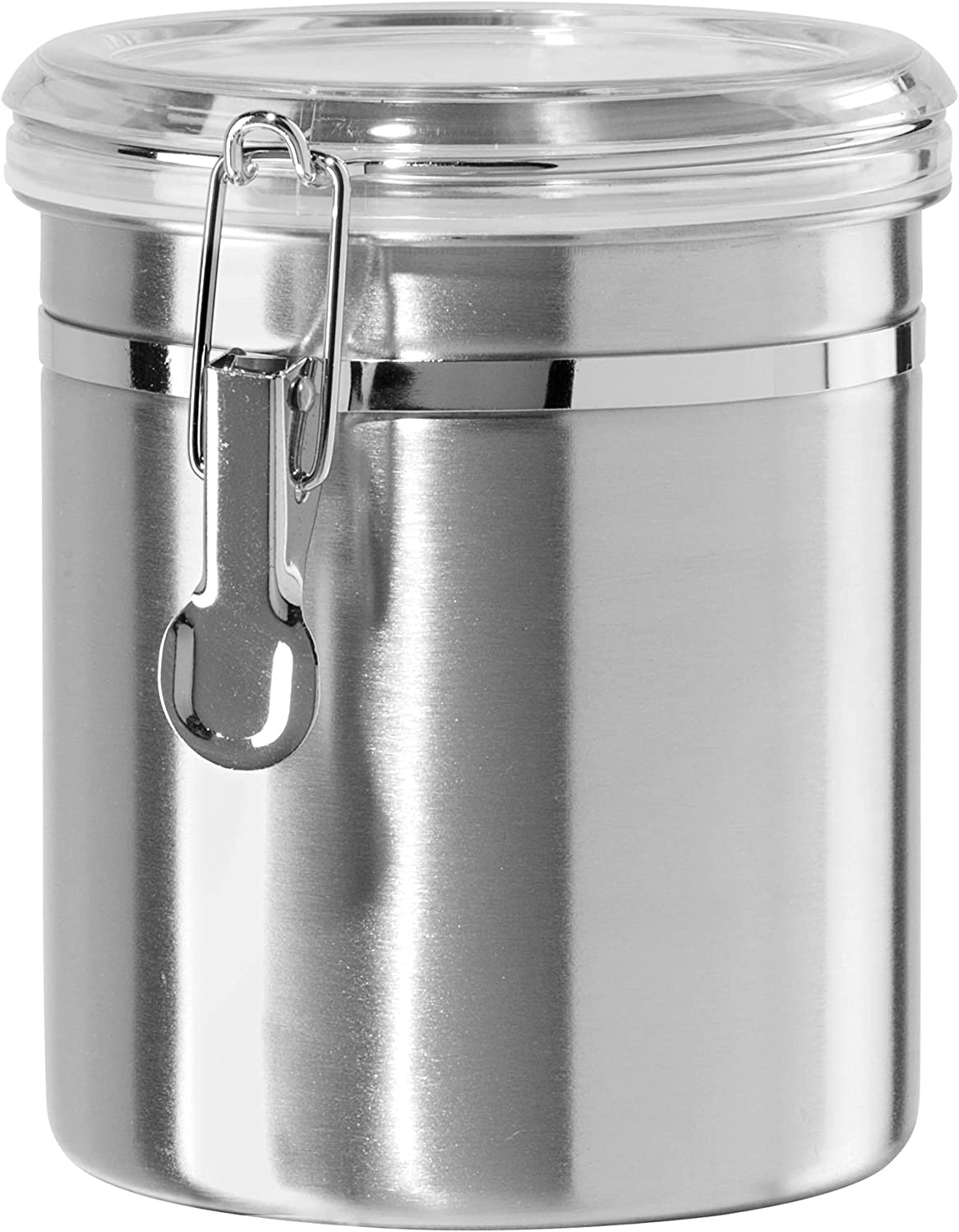 OGGI Stainless Steel Kitchen Canister 62Oz - Airtight Clamp Lid, Clear See-Thru Top - Ideal for Kitchen Storage, Food Storage, Pantry Storage. Large Size 5" X 7.5". - 26-Fluid Ounces, Stainless Steel