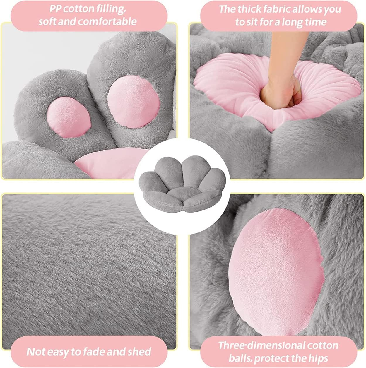 Cat Paw Cushion Comfy Kawaii Chair Cushion 31.4 X 27.5 Inch Bear Paw Lazy Sofa Office Floor Pillow Cute Plush Seat Pad for Gaming Chair for Bedroom Decor Colorful (Grey) - Pink image number 2