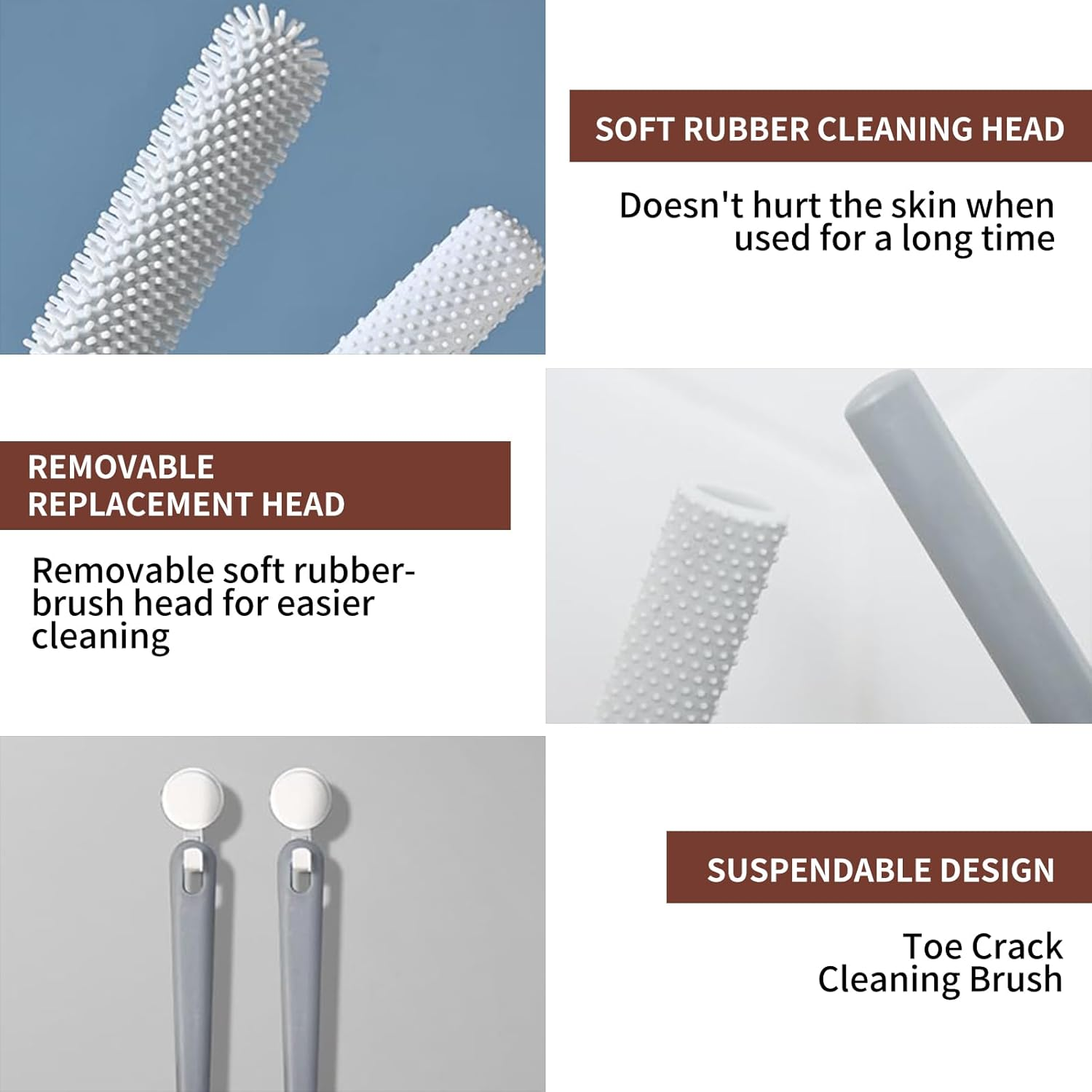 Toe Gap Cleaning Brush, Long Handled Silicone Toe Cleaner Toes Crevice Soft Rubber Brush,Exfoliating Brush Foot Scrubber for Shower for Seniors,Elderly, Men and Women (Gray) - Pink+Grey image number 2