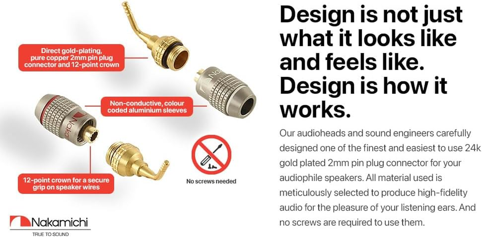 Nakamichi Fanlock Excel Series 24K Gold Plated 2Mm Pin Plugs Banana 10 AWG - 18 AWG Gauge Size 4Mm for Spring Clip Speakers Amplifier Hi-Fi Home Theatre Wire Cable Quick Connector, 8 Pcs (4-Pairs) image number 1