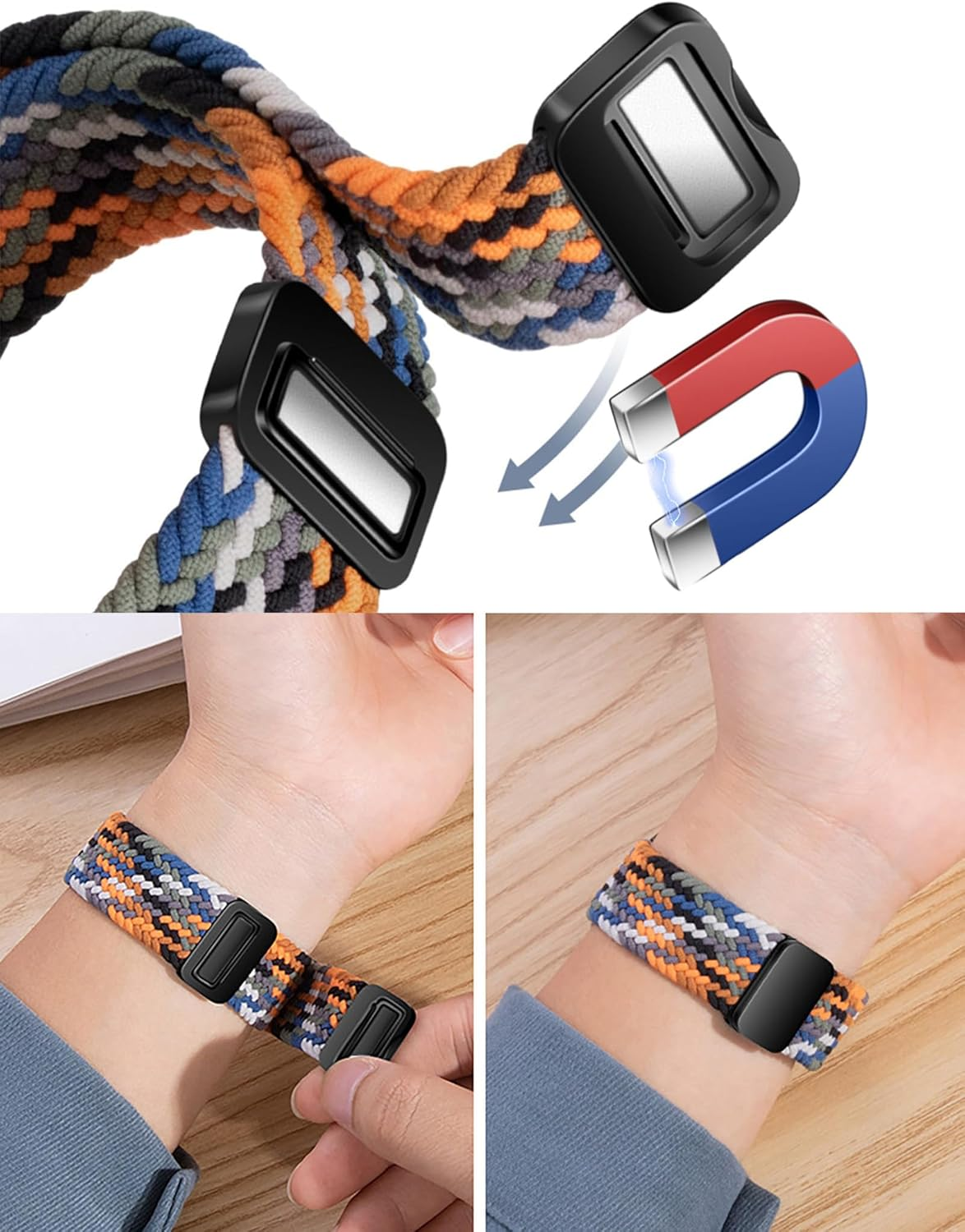 GIOPUEY Magnetic Bracelet Compatible with Huawei Watch GT 6 Pro 46 Mm, Braided Nylon Strap [Unisex] Elastic Replacement Strap - Beige image number 2