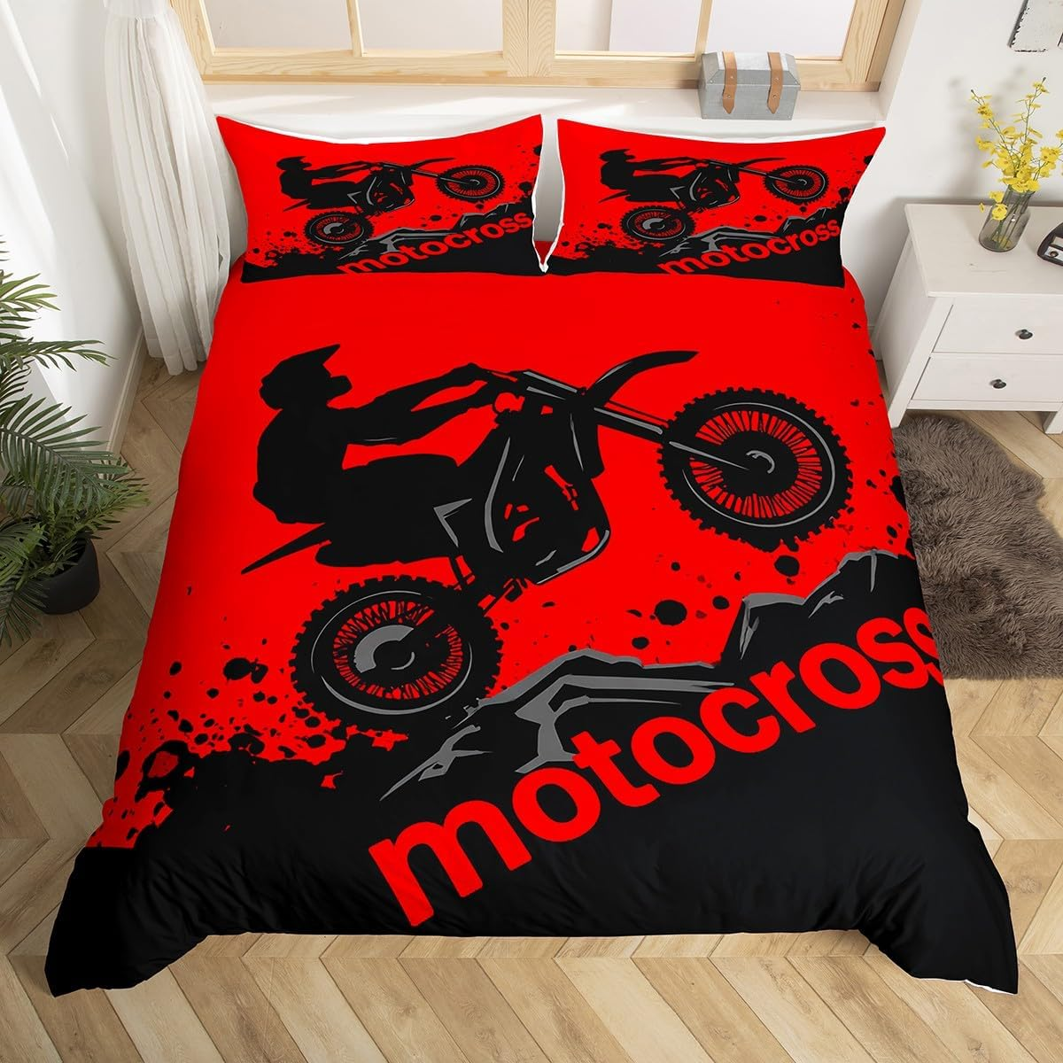 Dirt Bike Bedding Set Full Size Extreme Sports Comforter Cover Set for Boys Teens Racing Motocross Rider Duvet Cover Breathable Motorcycle Bedspread Cover Room Decor Green Black Quilt Cover