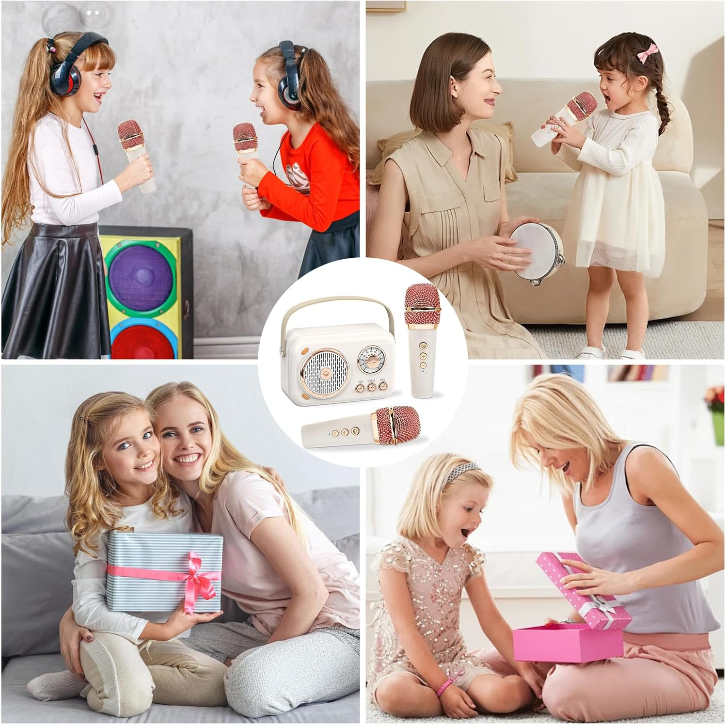Retro Karaoke Machine, Portable Bluetooth Speaker Wireless Microphone Gifts Toys for Kids and Adults Family Home Party Microphone (White) image number 3