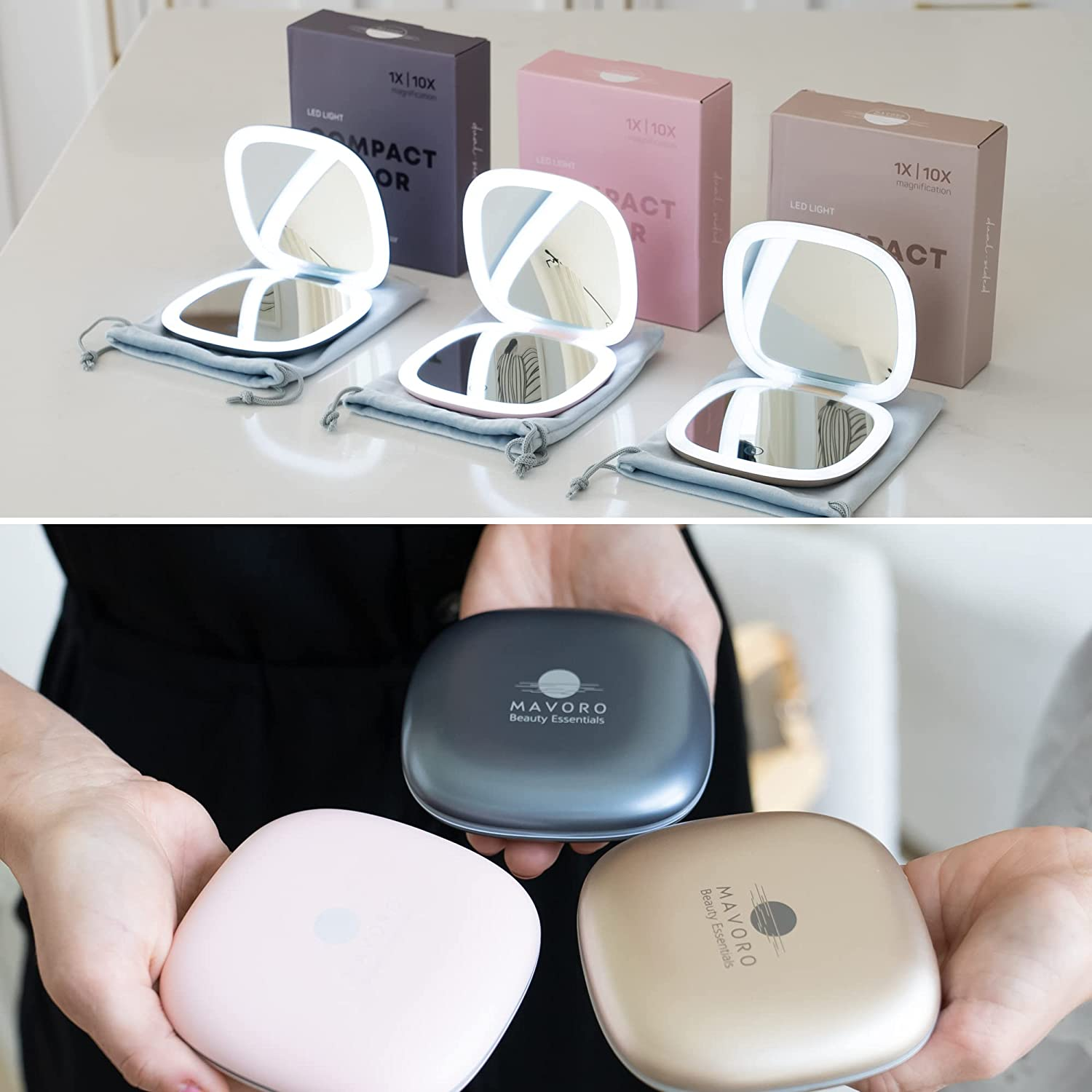 Mavoro LED Lighted Travel Makeup Mirror | 1X/10X Magnification| Rechargeable USB-C | Pocket & Purse Portable Lighted Travel Makeup Compact Mirror, Touch Sensor (Heavenly Pink) - Graphite Grey image number 6