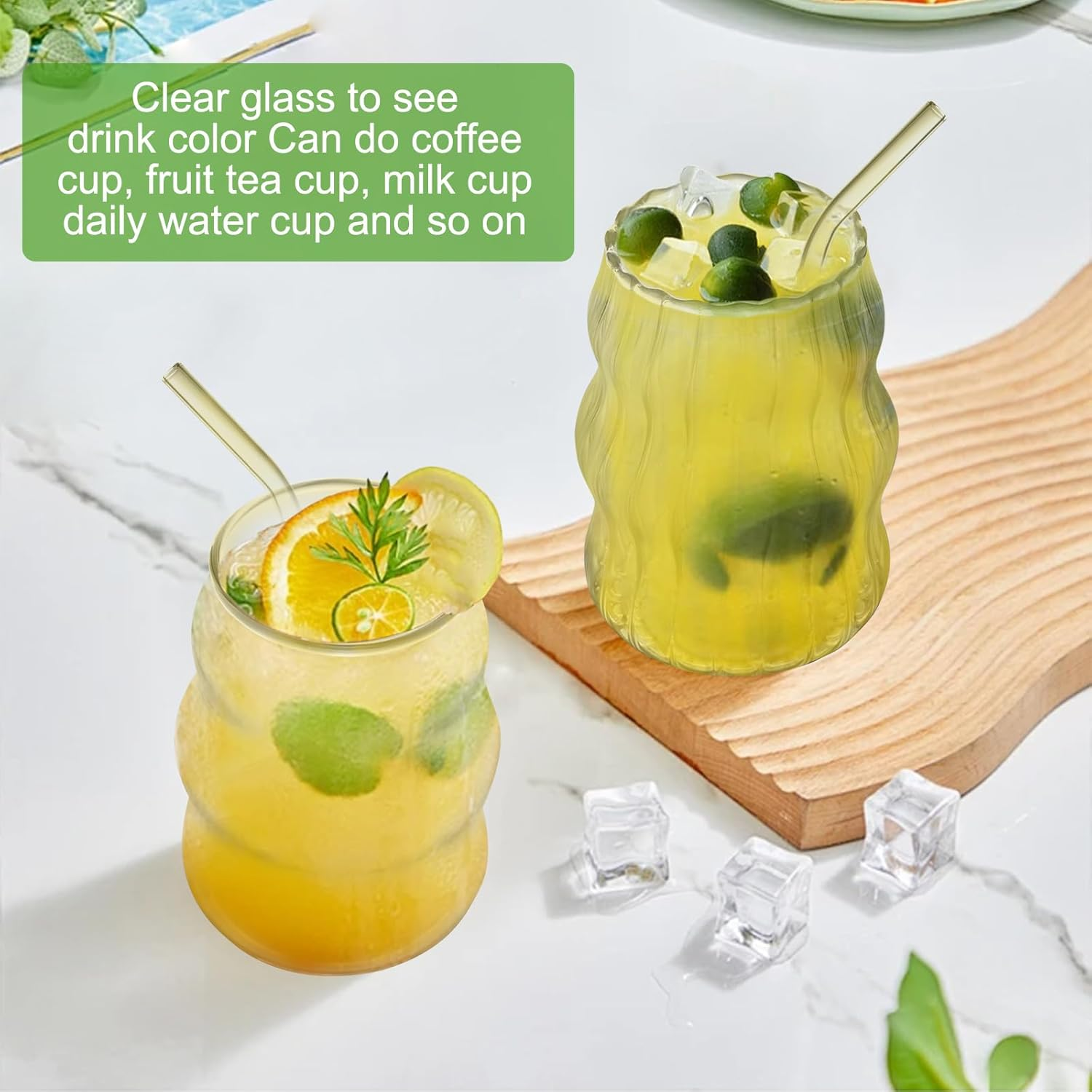 Glass Tumbler with Glass Straw, Iced Coffee Cups Reusable, Can Be Used as Beer Mugs, Milk Mug, Cocktail Cup, Retro Cloud Mug,Coffee Mug,Clear Drinking Cup Set image number 3