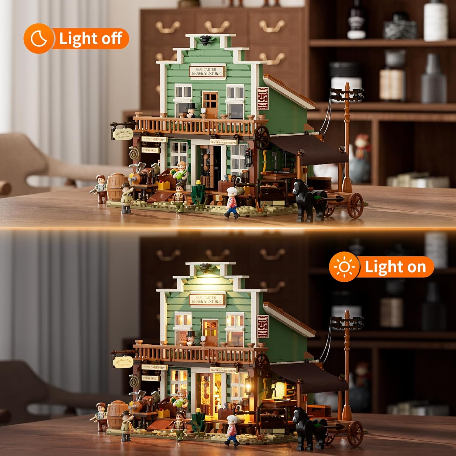FUNWHOLE Western General Store Lighting Building-Bricks Set - 1895 Pcs the Old West Town Collection Display Set for Adults and West Lovers image number 6