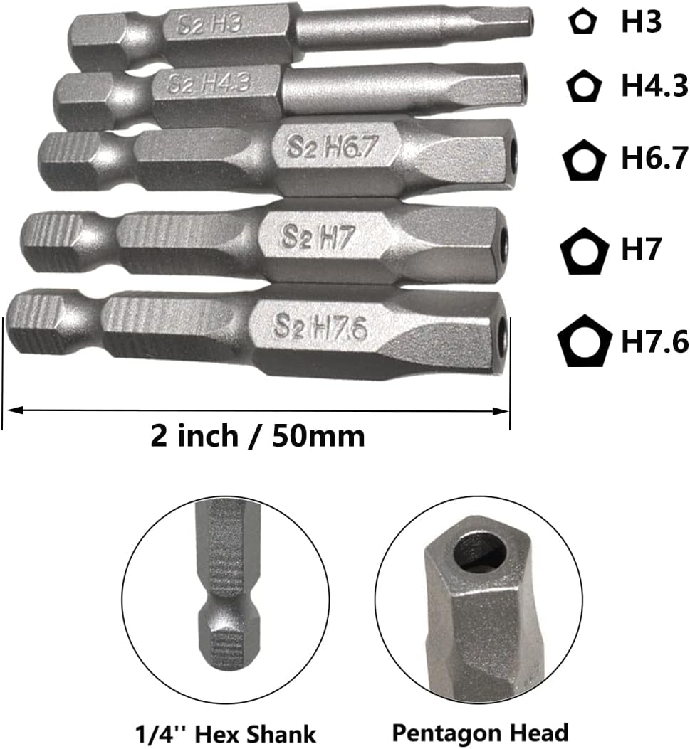 Seonfook 10Pcs Pentagon Head Screwdriver Bits Set Magnetic Pentagonal Drive Bit 1/4 Inch Hex Shank S2 Steel Security Tamper Proof Screw Driver Bit Set 2-Inch Length [H3-H7.6] image number 2