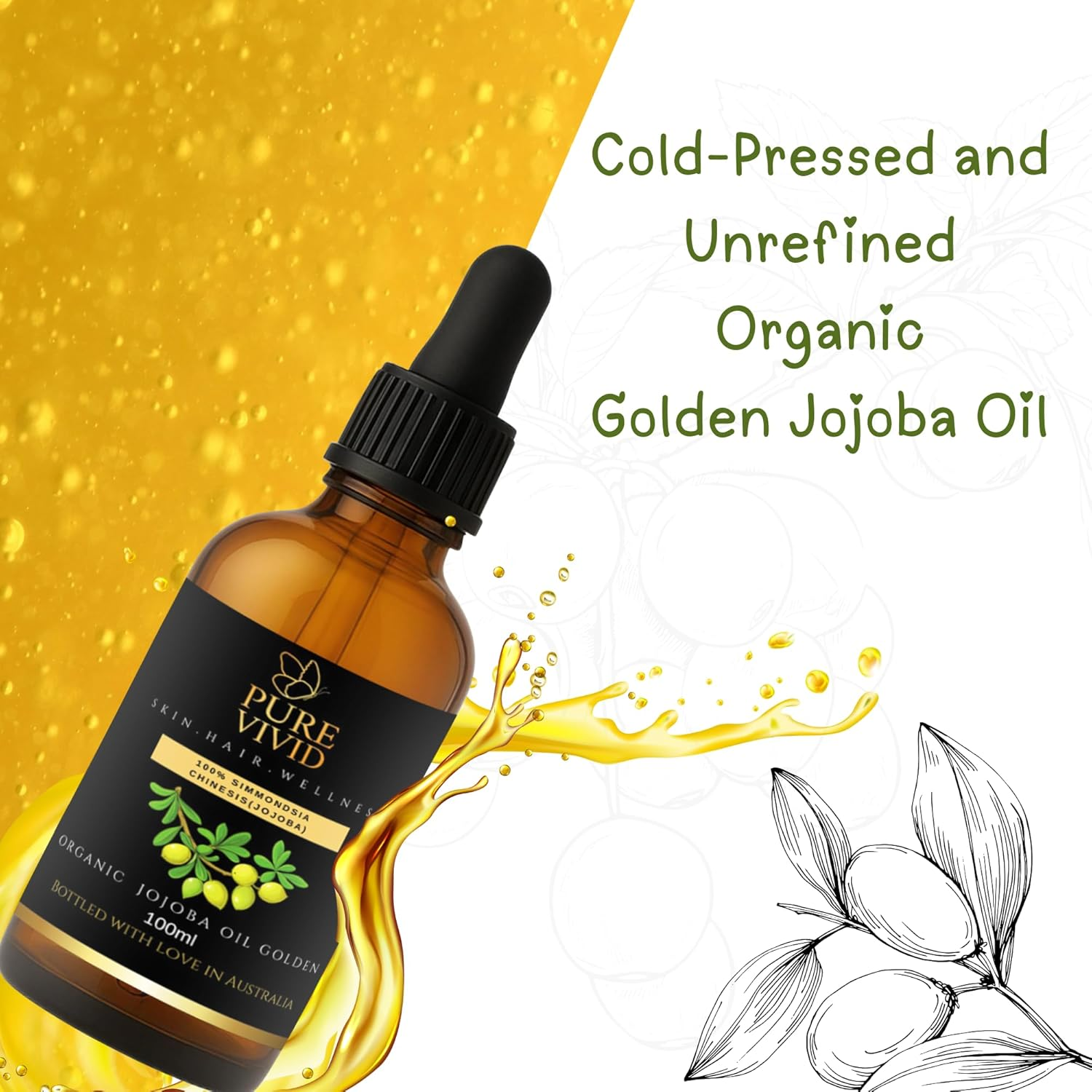 Organic Jojoba Oil for Skin, Hair & Nails | 100% Pure Cold-Pressed Golden Oil | Unrefined, Non-Gmo Carrier Oil &ndash; 100Ml Dropper Bottle image number 3