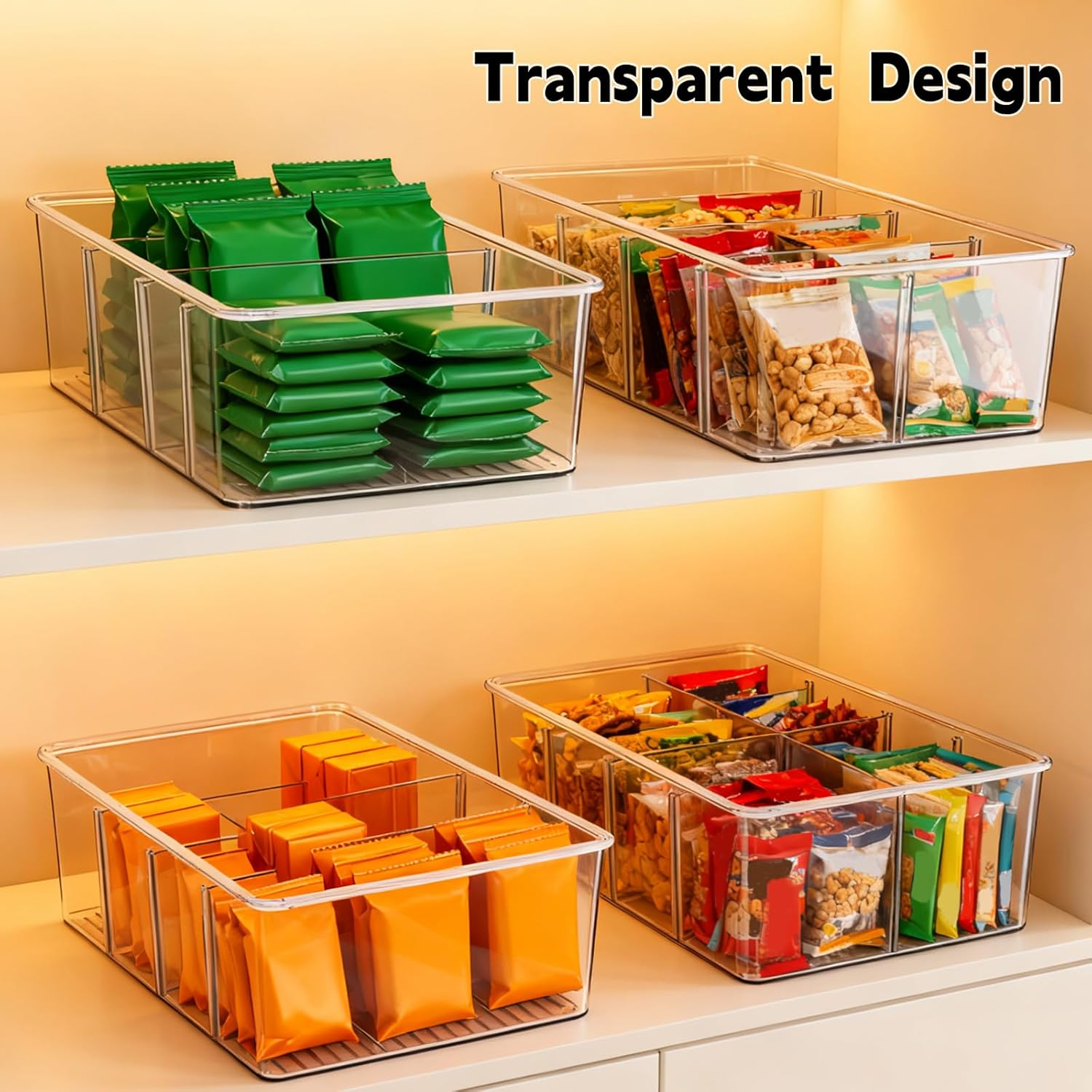 4 Pack Pantry Organizers and Storage Bins, Clear Plastic Medicine Cabinet Organizer, 4 Compartment Holder Packets for Pantry, Kitchen, Fridge, Snacks