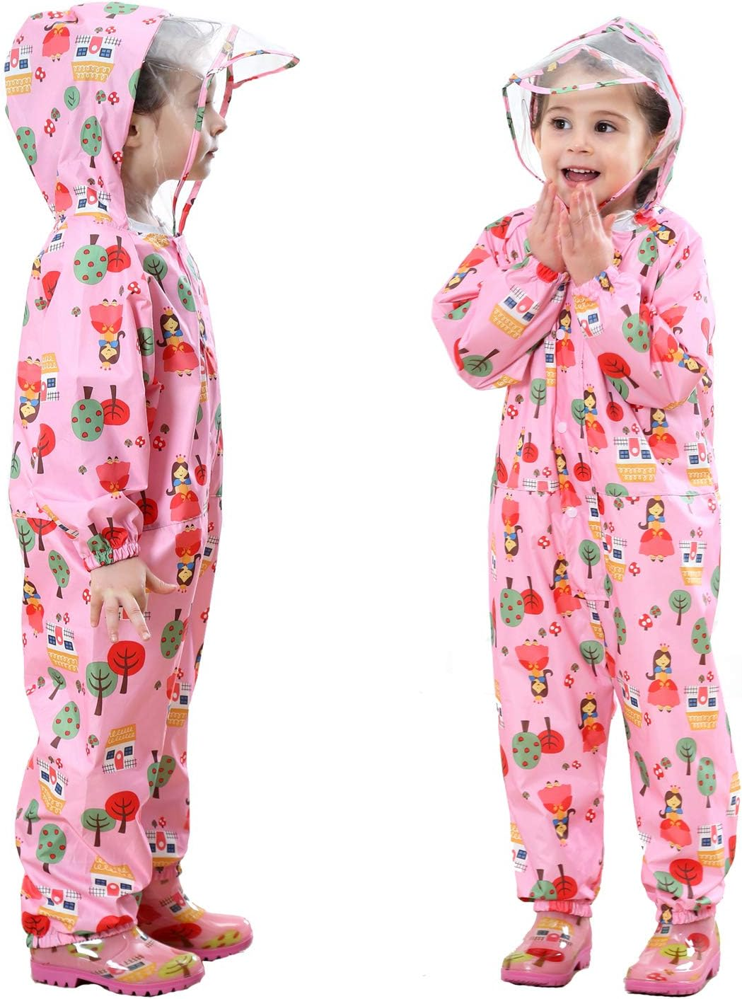 Raincoat Kids Hooded Rains Puddle Suit Poncho Rainwear Jumpsuit One Piece Lightweight Portable Waterproof Rainsuit Jacket Unisex Boy Girl with PVC Transparent Hat Brim Zipper Age 1-7 Years