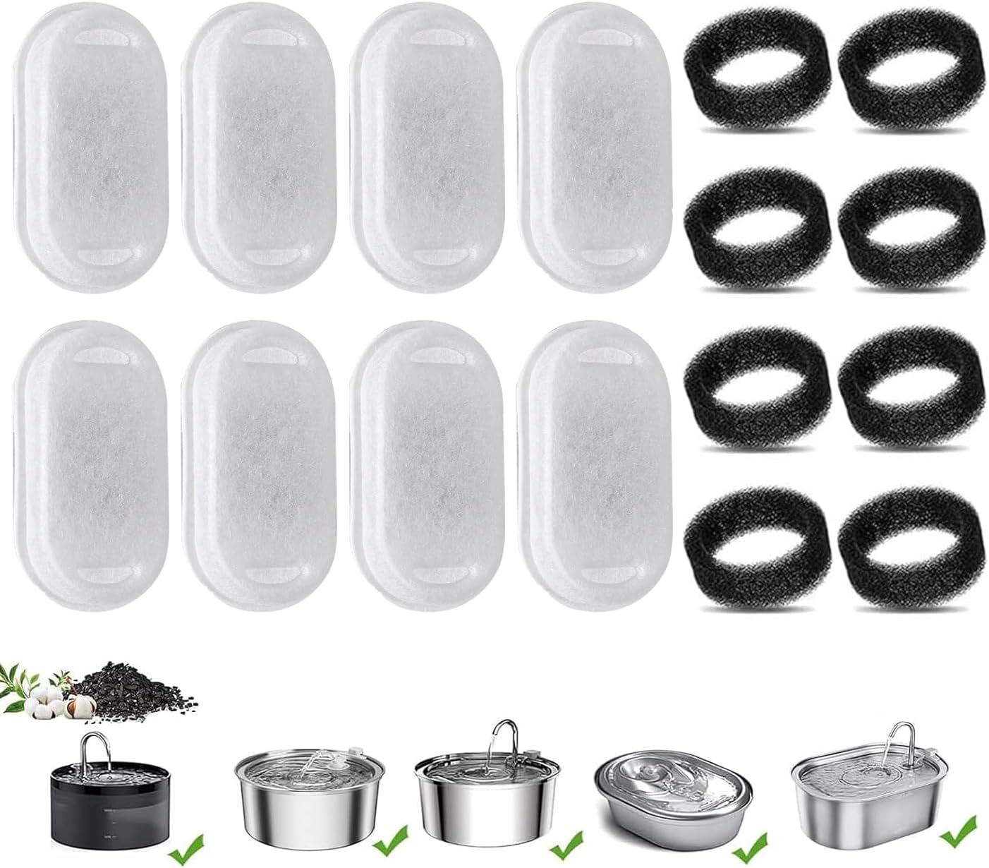 Cat Water Fountain Filters Pet Fountain Filter Replacement Filters Compatible Stainless Steel 2L/67Oz, 3.2L/108Oz Adjustable Water Flow, 8 Cat Fountain Replacement Filters with 8 Pre-Filter Sponges image number 3