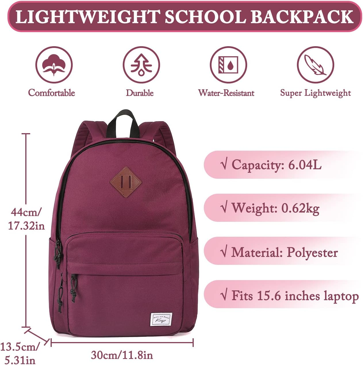 KASQO School Backpack, Lightweight Water Resistant Backpack for Men Women Classic Daypack Kids Bookbag Travel Rucksack Bag for Teens College, Camping, Work - Black image number 5