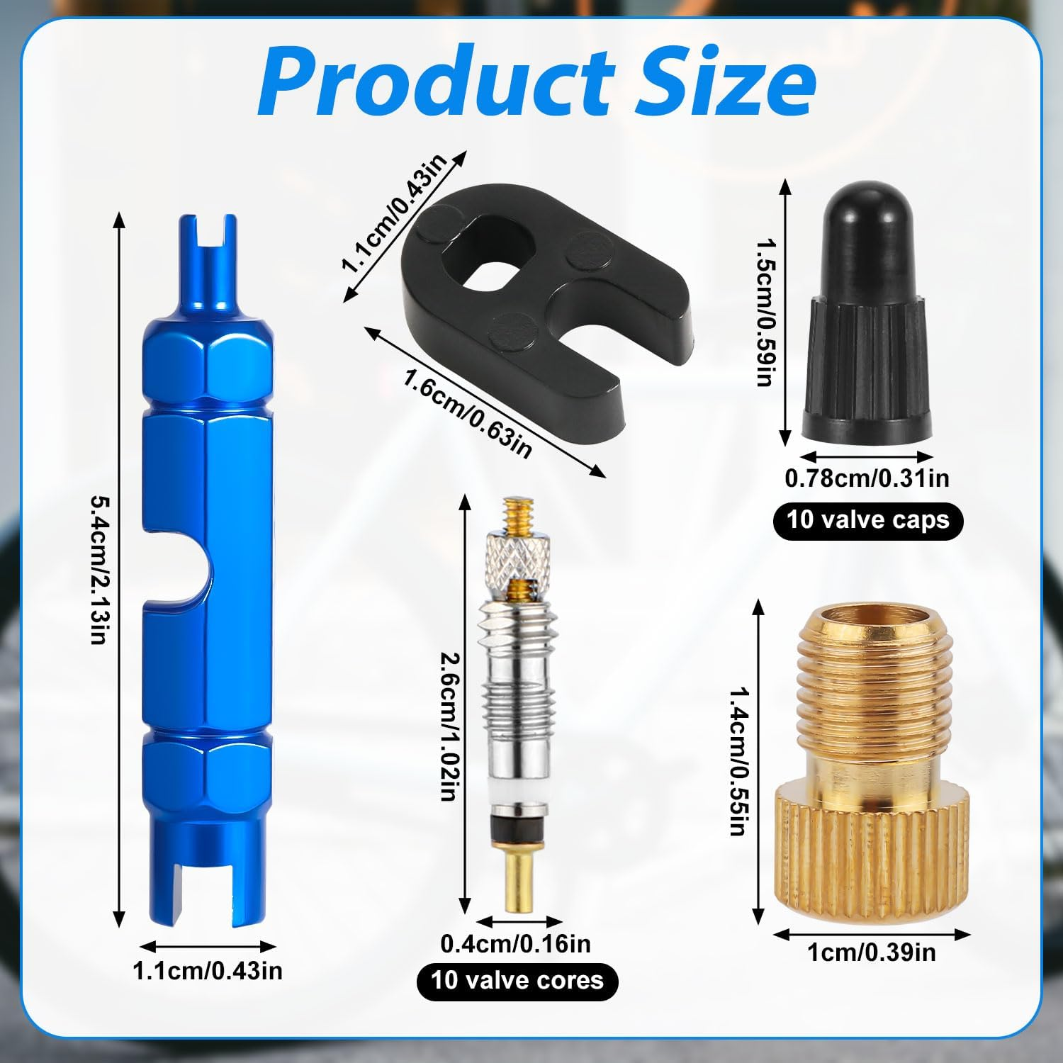 XIHIRCD Valve Core Repair Kit, 10Pcs Valve Cores & 10Pcs Valve Caps with Wrench Brass Joint Disassembler Easy to Replace Valve Core Bike Replacement Kit