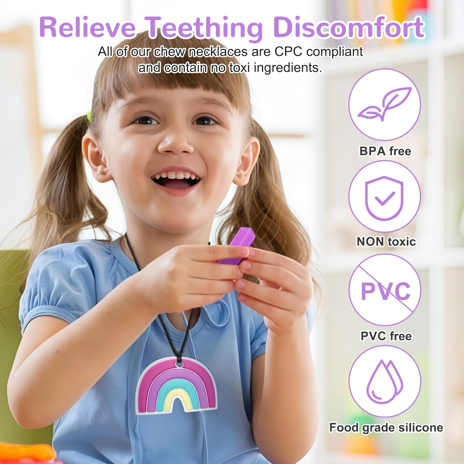 MR.TIMELAG Chew Necklaces for Adults and Babies - Butterfly 5-Piece Set, Bpa-Free Silicone Sensory Chew Necklaces for Anxiety Relief, Easy to Hold, with Massage Blocks to Relieve Teething Pain image number 4