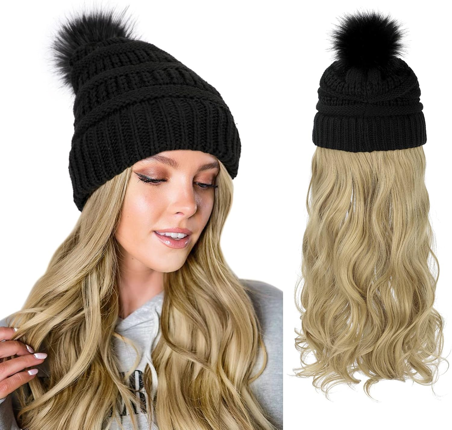 Aynnqueen Beanie with Hair Attached for Women Slouchy Cable Hat Wig Knit Beanie Winter Hat with 20" Removable Hair Extensions