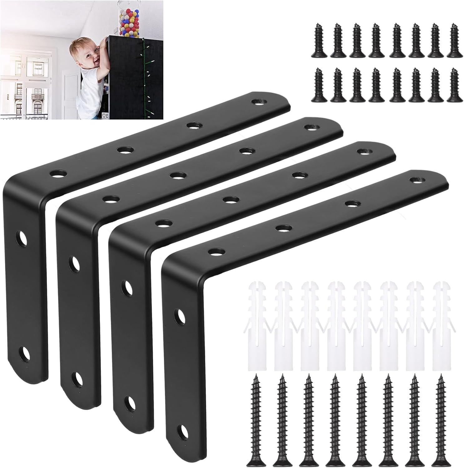 4Pcs Furniture Anchors for Baby Proofing, Metal Baby Furniture Anchor Bracket anti Tip Black Furniture Mounts Baby Proof L-Shaped Furniture Wall Anchor for Large Furniture image number 6