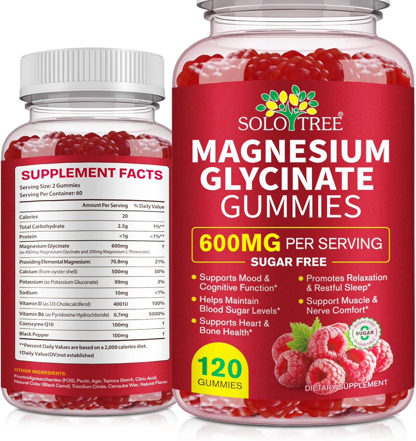 Magnesium Glycinate Gummies 600Mg | Calcium, Potassium, Vitamin D3 & B6 | Coq10 & Black Pepper | Sugar Free | Raspberry Flavour | 120 Gummies image number 1