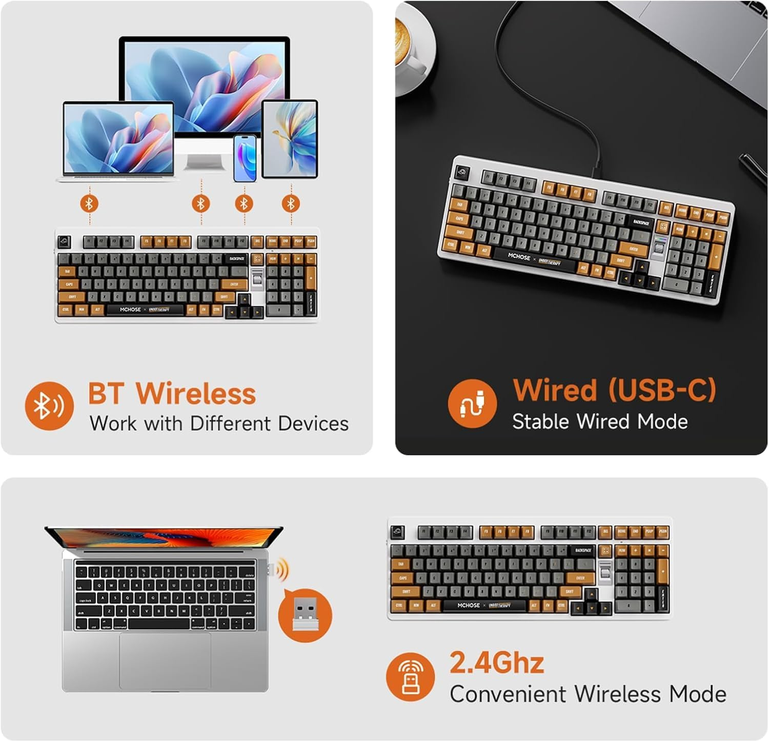 MCHOSE UT98 Wireless Mechanical Keyboard Compact Silent Gaming Keyboard with Knob Tri-Mode Connection Hot Swappable Custom Creamy Keyboard Gasket Structure Pre-Lubed Linear Switches RGB - Classic - Retro Therapy image number 4