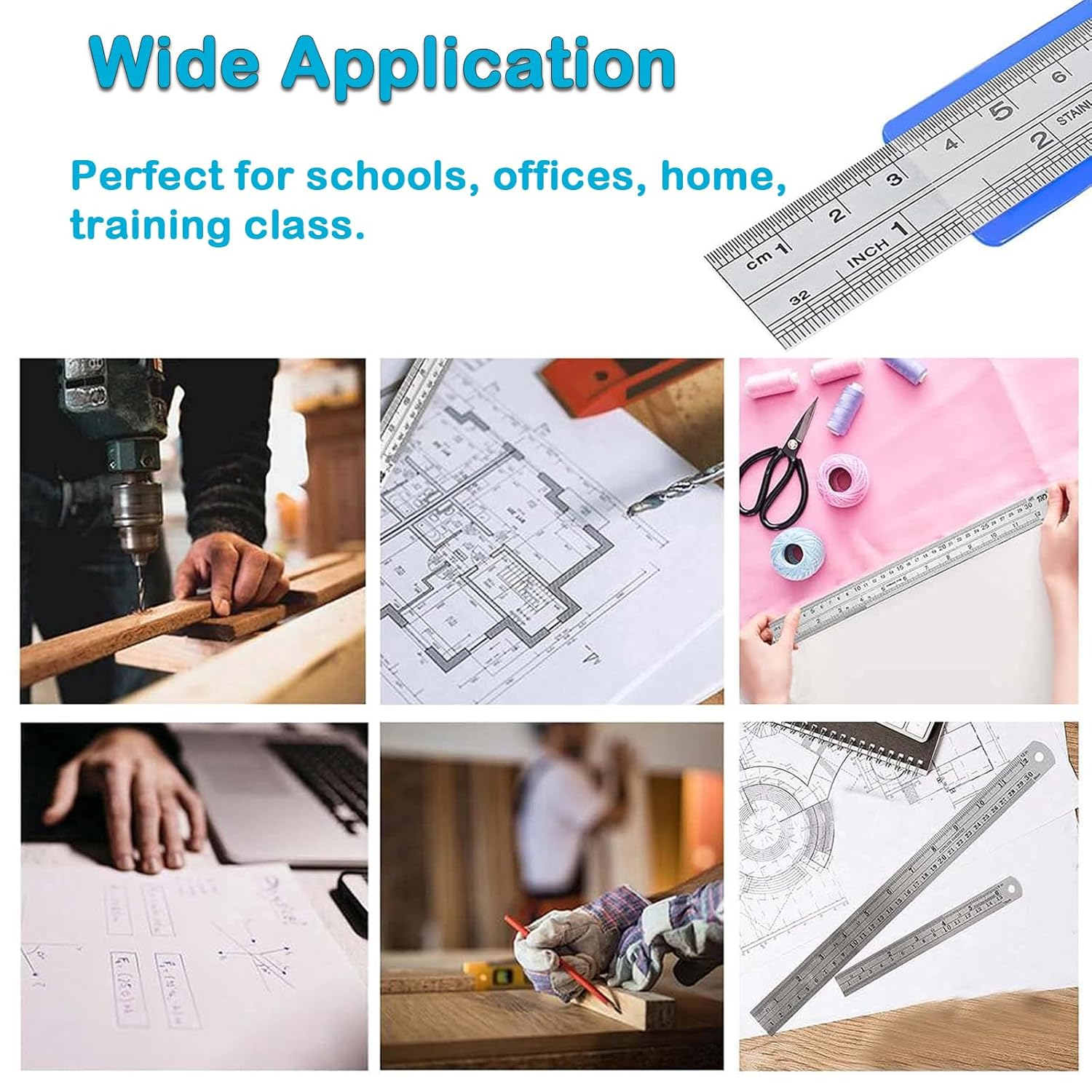 YUENTOEN 3Pcs Metal Ruler, 6 Inch, 8 Inch and 12 Inch Stainless Steel Ruler Double Side Straight Edge Metal Rulers for Home School Office Daily Use image number 4