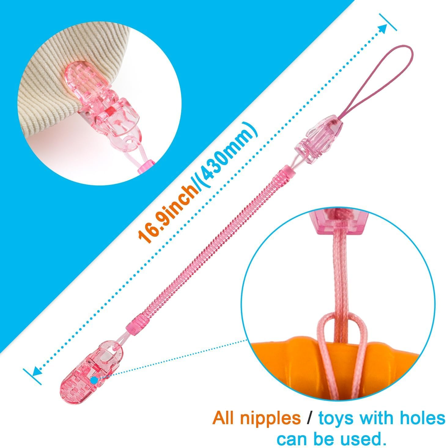 6 Pack Pacifier Clips with Adjustable Spring, Flexible Pacifier Holder Clips for Baby Boys and Girls, Retractable Chain Bpa-Free, Lightweight Fits for Dummies & Soothers & Teething Toys, Great Baby Gifts