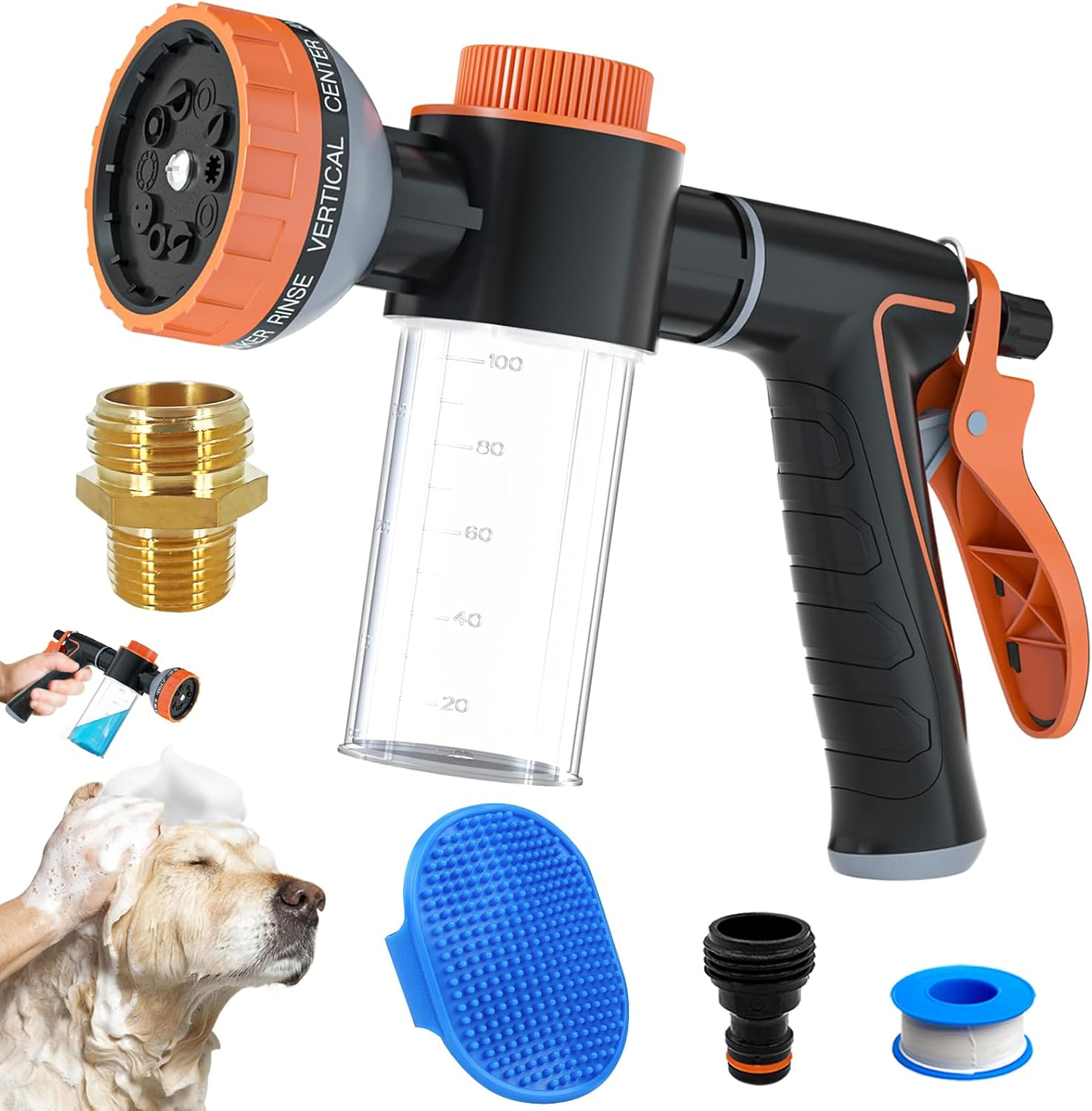 Dog Shower Attachment Sprayer Nozzle with 3/4" GHT Male X 1/2" NPT Male Connector for Garden Hose Wash with Soap Dispenser Hose Shampoo Nozzle for Indoor Outdoor Pet Pup