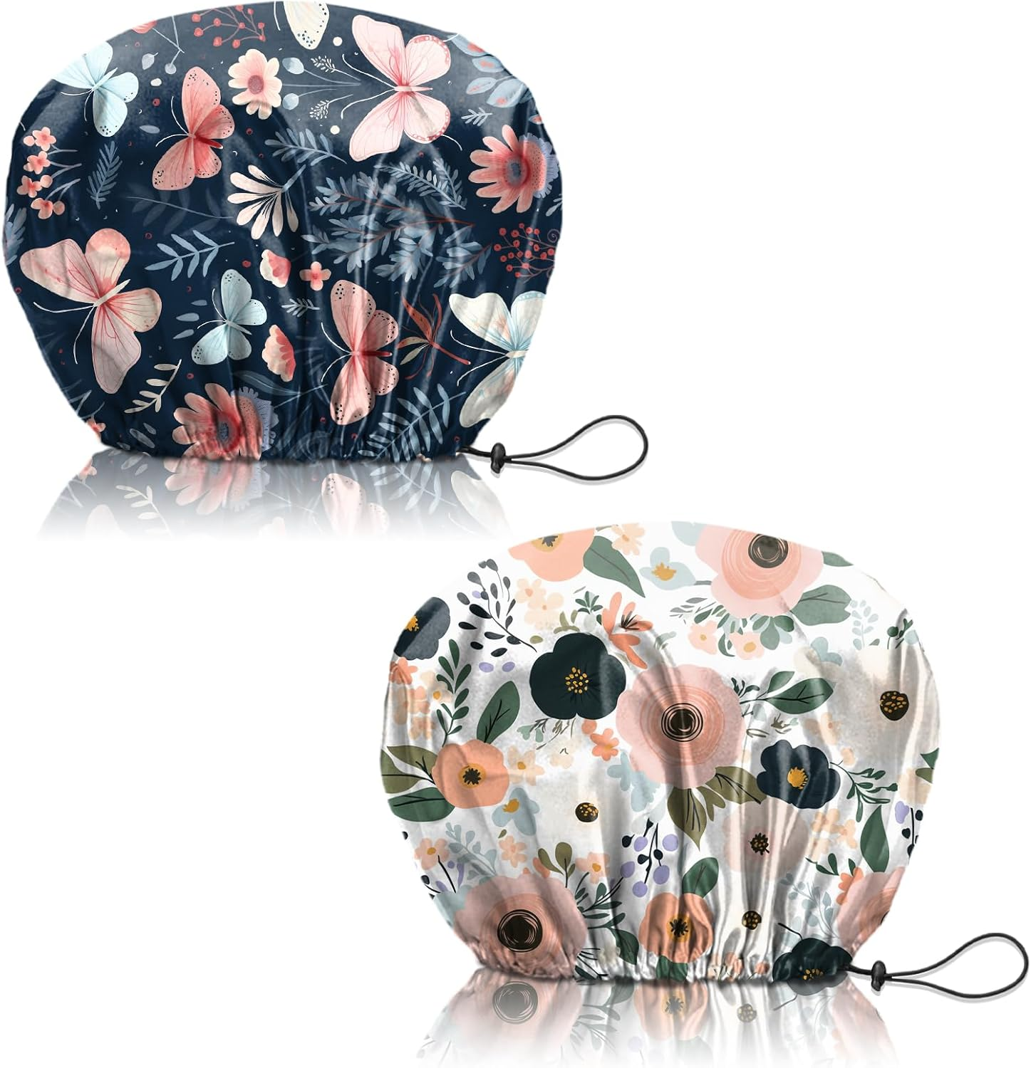 Deokke 2 PCS Shower Cap Reusable Large Waterproof Adjustable Double Layer Elastic Dry Hair Bathing Caps Aesthetic Cute for Women Girls-Butterfly Flower image number 3