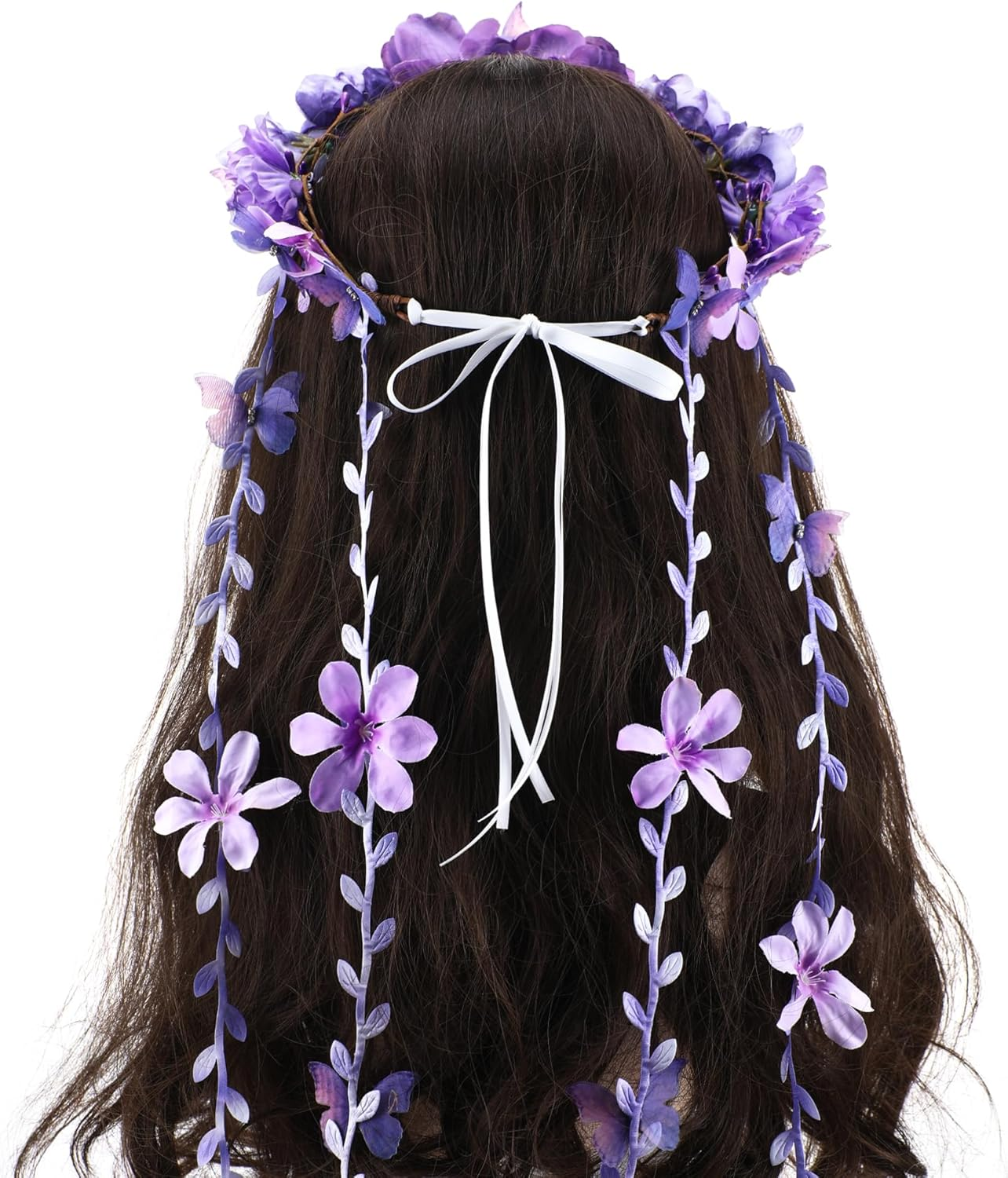 Partyforu Flower Headband for Women Purple Floral Headpiece with Butterfly Flower Crown Vine Fairy Crown for Wedding Party Bridal Shower Renaissance image number 1