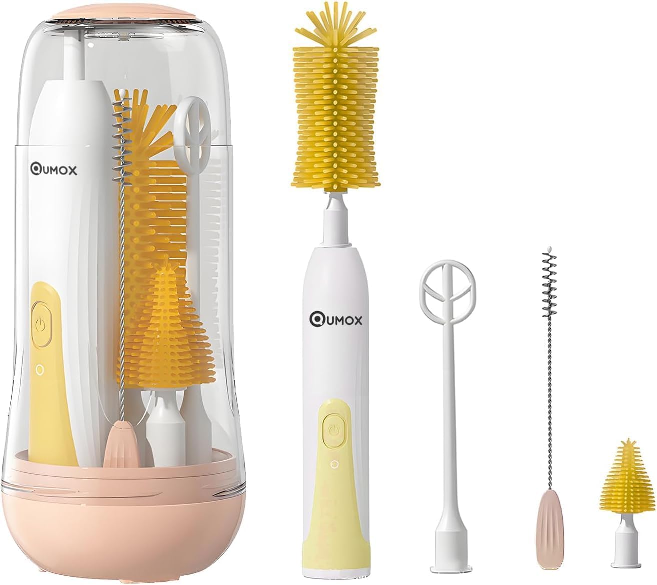 QUMOX Electric Baby Bottle Brush Set, 6-In-1 Rechargeable Cleaning Kit with Storage Case &ndash; Portable USB Charging Bottle Cleaner with Multiple Brush Heads for Bottles, Cups and Straws (Yellow) image number 1