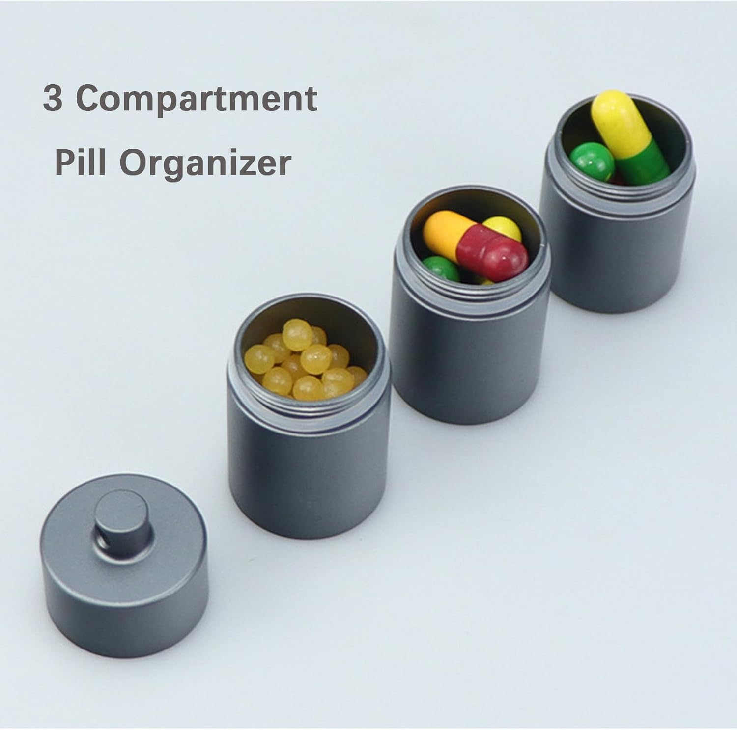 Keychain Pill Organizer, Waterproof Pill Holder 3 Compartments Detachable, Small Portable Pill Case for Travel Pocket Purse, Aluminium Alloy Pill Container, EDC Pill Fob for Outdoor/Daily/Emergency (Grey)