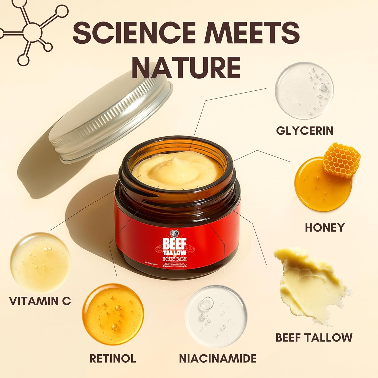 Beef Tallow for Skin and Face Moisturizer Cream &ndash; Grass-Fed Beef Tallow + Glycerin with Honey & Citrus Notes | Natural Hydrating Face & Body Cream for Smooth, Soft & Healthy-Looking Skin | 4.23 Oz image number 3