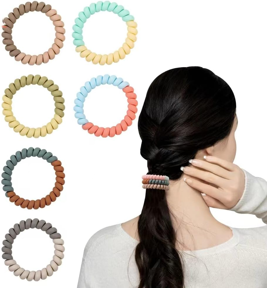 6Pcs Spiral Hair Ties for Women Phone Cord Tellie Telly Coil Plastic Tele Coiled Telephone Cord Stretchy Bracelet Hair Ties for Thick Hair Big Coils (Mixed Color) image number 4