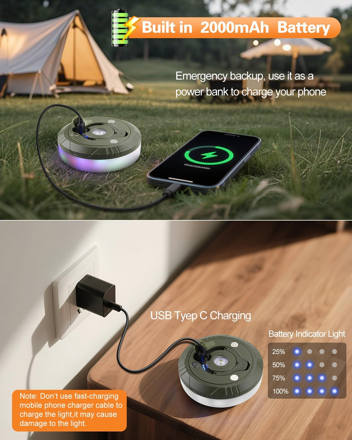 ALITOVE Camping String Light Portable Rechargeable Lantern with 8 Modes Lighting Quick Storage Camping Lights Tent Light for Hiking Rvs Parties(Camping Essentials Gear) image number 6