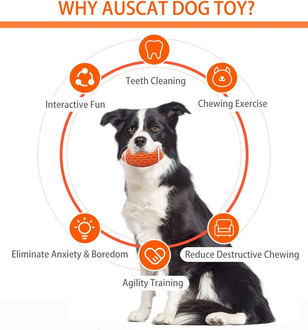 AUSCAT 2PCS Squeaky Dog Football Toy for Aggressive Chewers, Tough Rubber Dog Ball for Medium Large Dogs, Green and Orange, Large, 5.5"/14 Cm image number 6