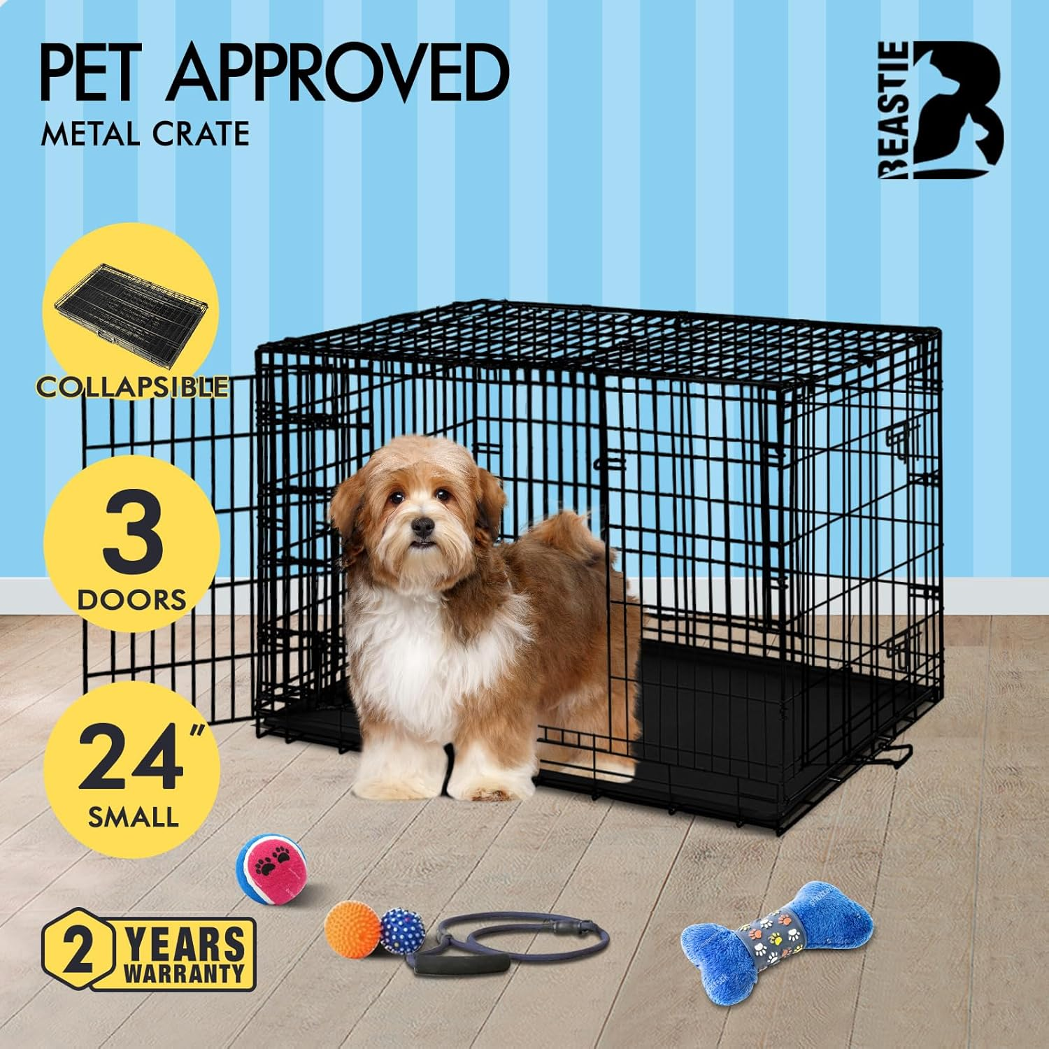 BEASTIE Portable Dog Crate Cage with Removable PP Tray, Foldable Animal Cage Kennel for Rabbit Chicken Cat Guinea Pig, Foldable Metal Wire Pet Cage with 3 Doors, 24 Inch,60 X 45 X 51 CM image number 4