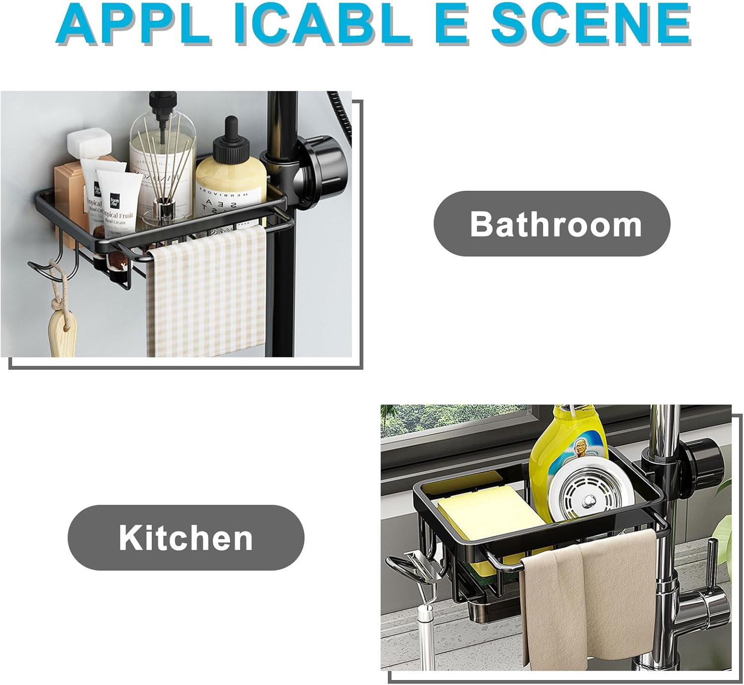 HENGBIRD Kitchen Sink Organiser, Stainless Steel Soap Sink Organiser, Sponge Holder, Towel Holder, Sink Organiser with Hooks for Kitchen and Bathroom, Black image number 3