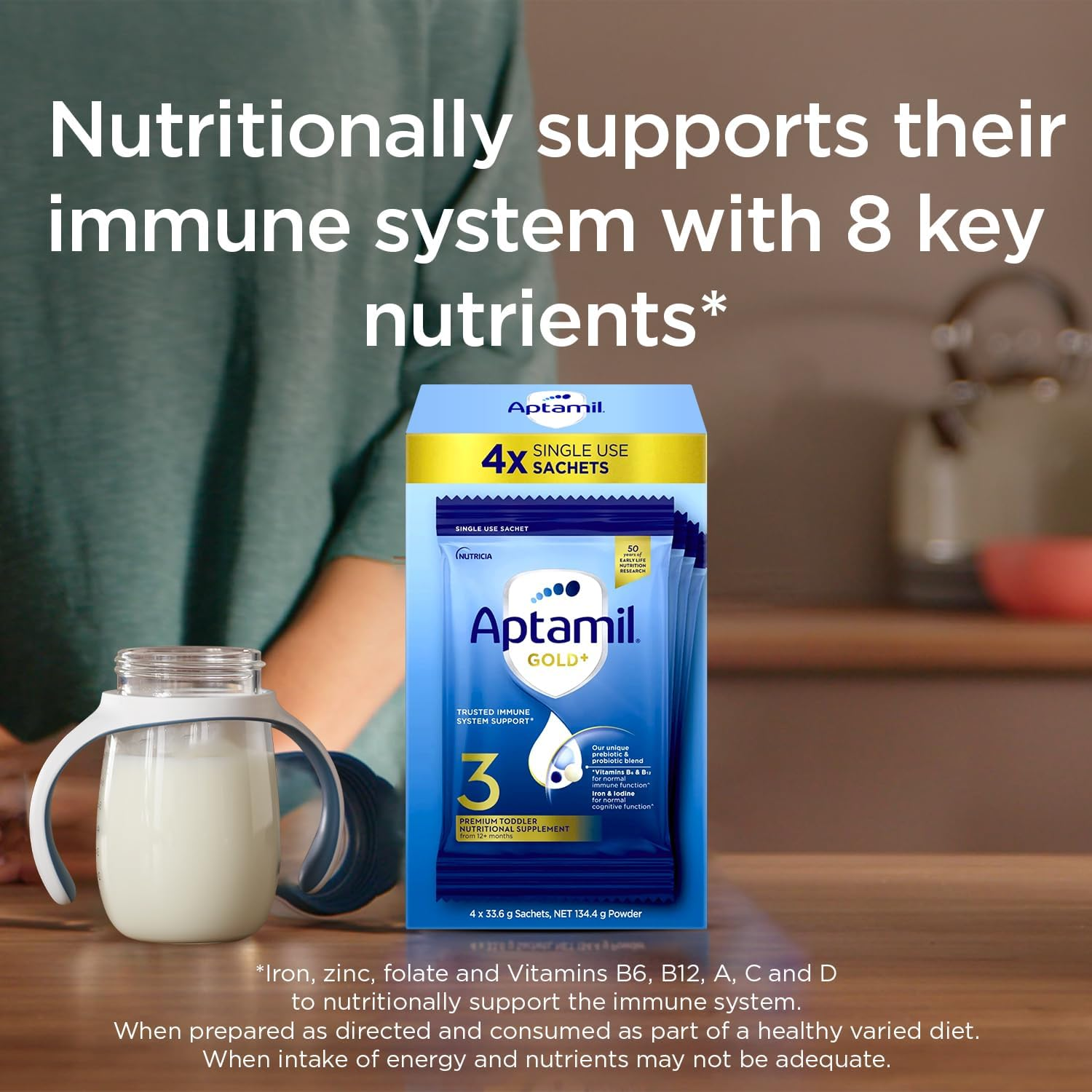 Aptamil Gold+ 3 Premium Toddler Milk Drink, Rich in Essentials Vitamins and Minerals, Toddler Formula with Probiotic & Prebiotic, from 1 Year, Powder Sachets, Easy to Carry on the Go, Pack of 4 image number 6