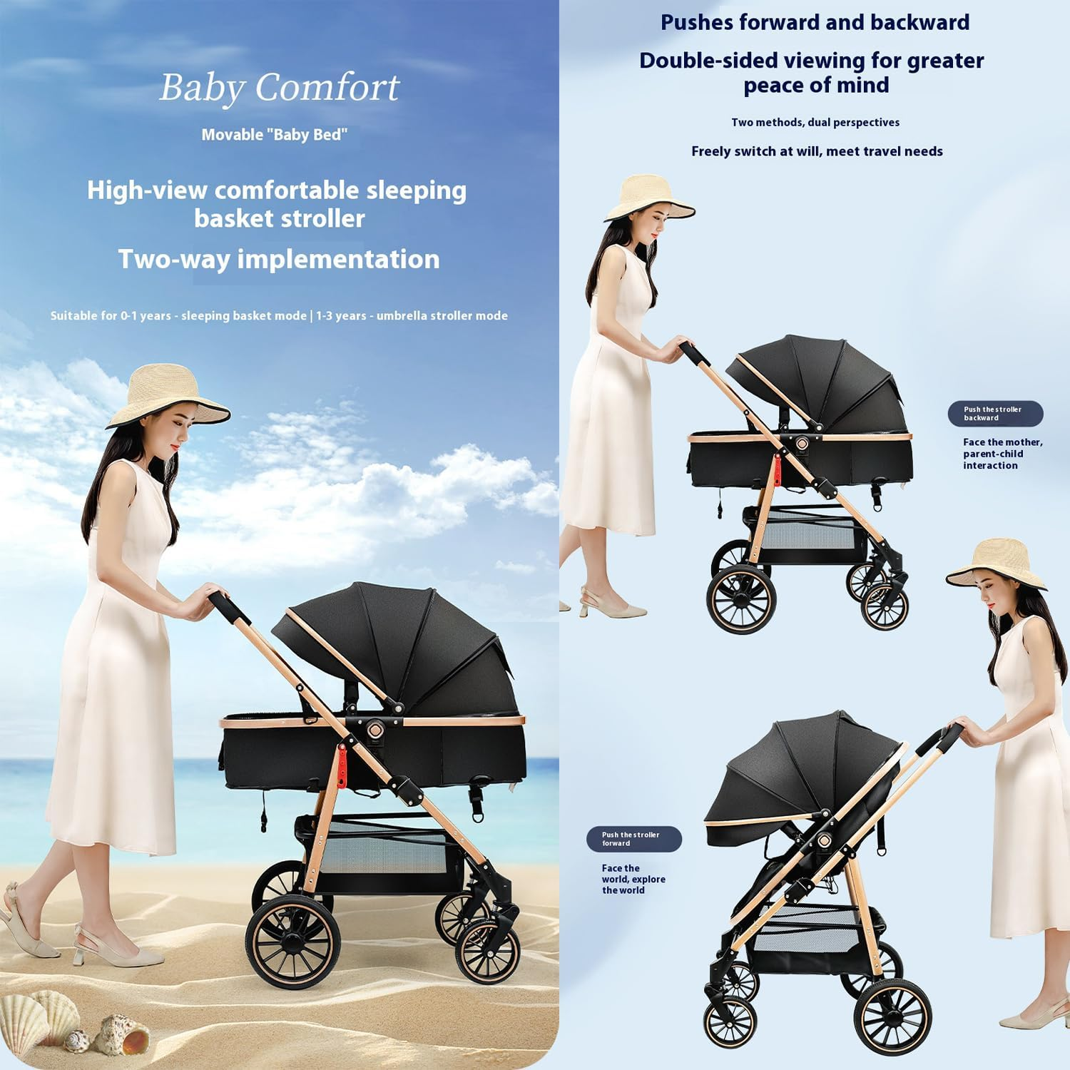 Xcjump Baby Stroller 3 in 1, High Landscape Travel Pram, Lightweight One-Hand Fold, Convertible Reversible Seat, Shock-Absorbing PU Wheels, Adjustable Canopy,Compact & Portable for Newborns & Toddlers image number 2